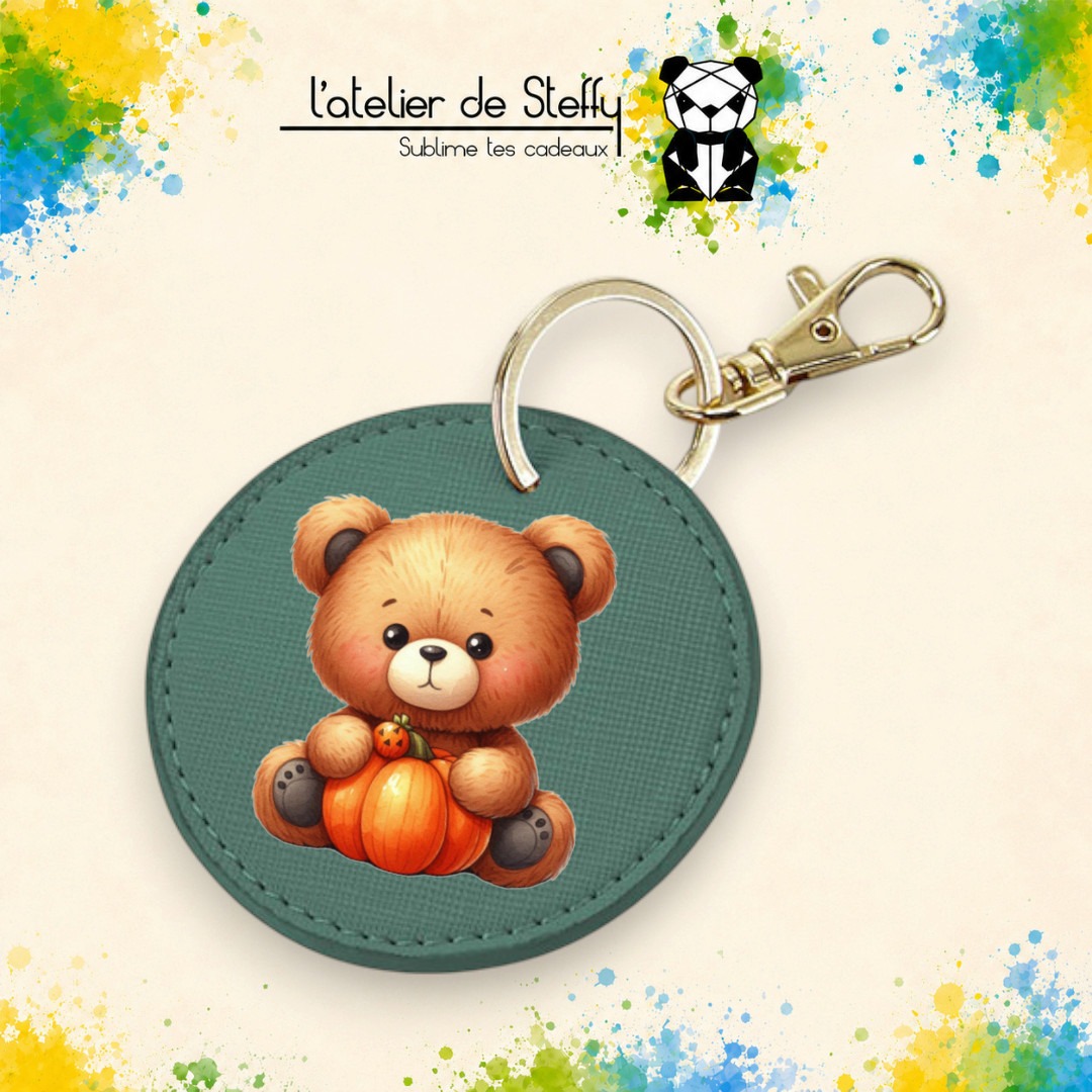 Porte-clés simili rond - Ourson automne