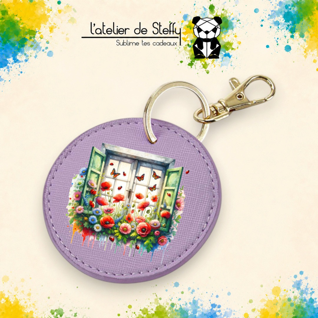 Porte-clés simili rond - Fenêtre fleurie